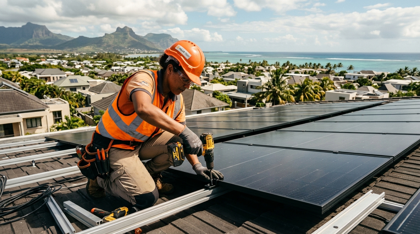 Solar technician installing commercial and residential solar panels in Mauritius
